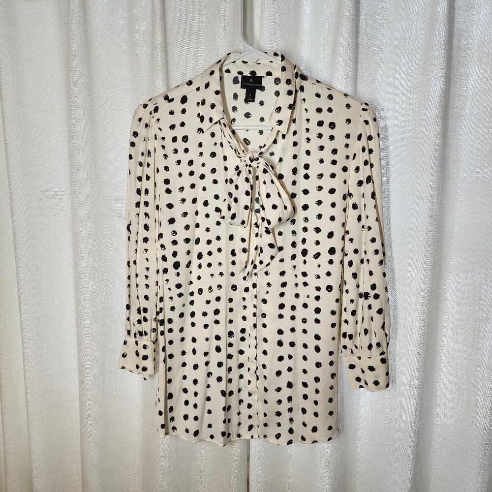 Dress shirt by Worthington, Med, White with black dots, silky fabirc